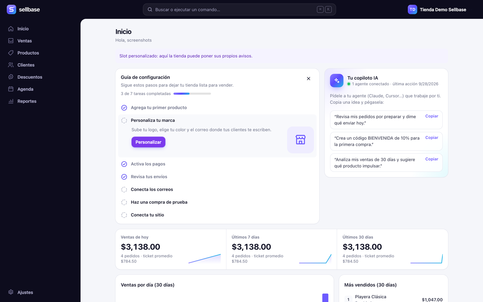Sellbase admin home with setup guide, AI copilot and sales