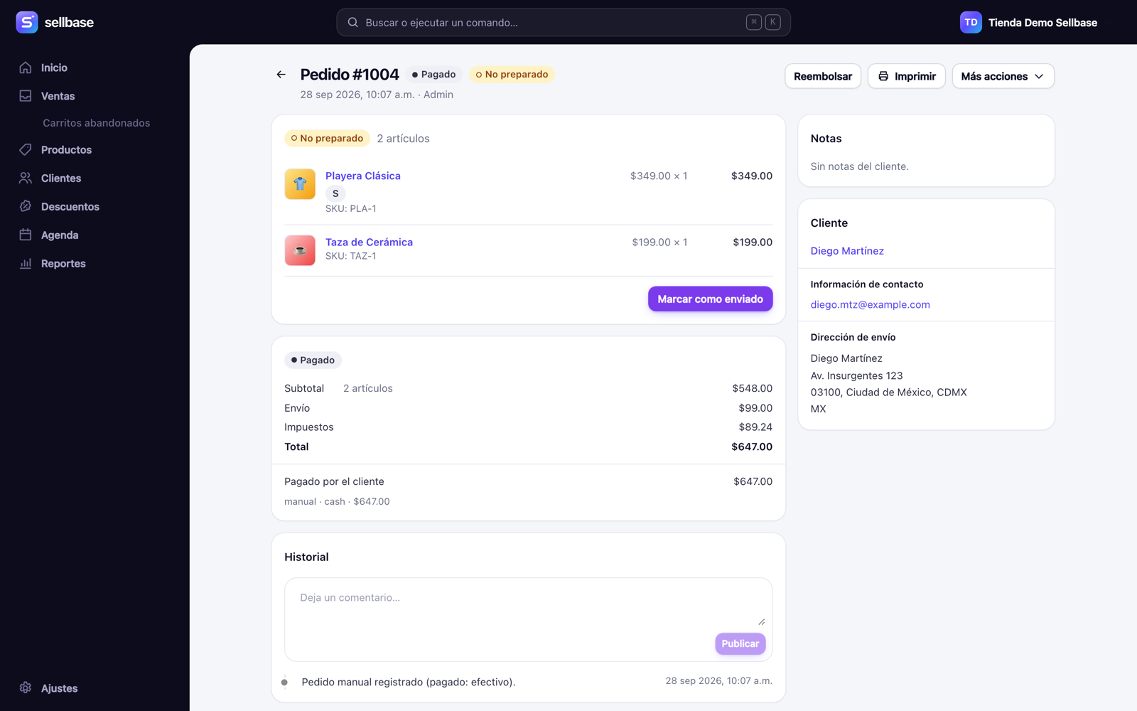 Order page with timeline and packing slip